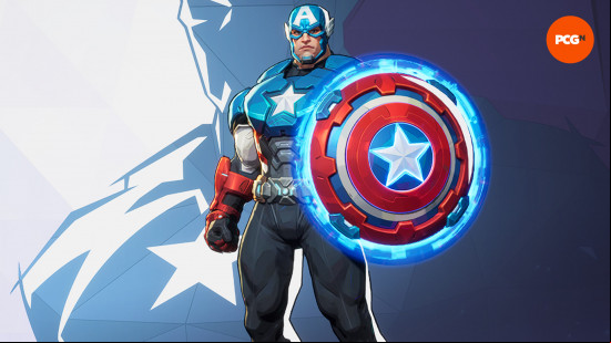 Marvel Rivals characters: a superhero wearing a red, white, and blue suit. He is holding a circular shield.