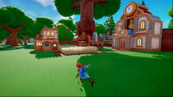 Overthrown early access release date: Runa throwing a tree over a wheat field in a settlement.