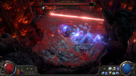 Path of Exile 2 Monk: a birds eye view of a fight in a cave, the floor is red rock and there is a huge red laser cutting across the space.