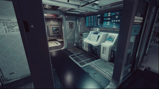 Best Starfield mods: the interior of a spacship, with a white, futuristic control  in view.