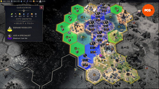 Green and blue tiles showing the option for growing a town, with green tiles increasing population, and blue tiles allowing the player to add Civ 7 specialists.