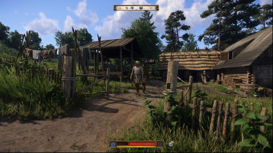 Kingdom Come Deliverance 2 preview: a rural medieval home and a man standing outside of it.