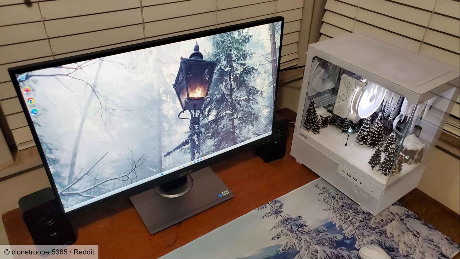 The all-white Narnia themed gaming PC with monitor.