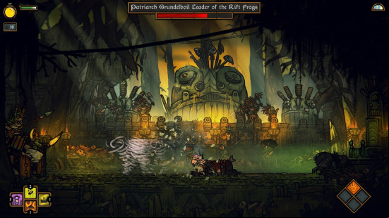 Tails of Iron 2 review: a bipedal rat fighting a frog boss.