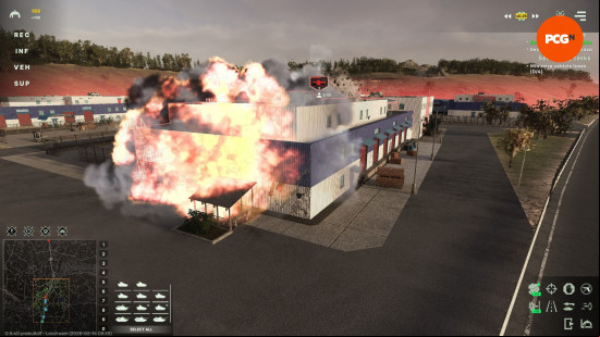 Broken Arrow preview: an explosion on the side of a large industrial building.