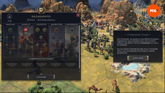 The Commander screen showing promotions for the FlyingFoxes Commanders are Quick Learners Civ 7 mod.