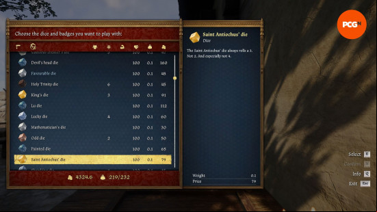 All KCD2 dice: a menu of items, with a dice highlighted.
