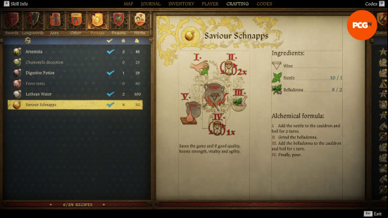 How to save in Kingdom Come Deliverance 2: a page from an old textbook depicting the recipe and method for brewing Saviour Schnapps.