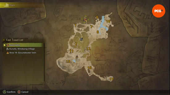Monster Hunter Wilds fast travel: an old weathered yellowed map.