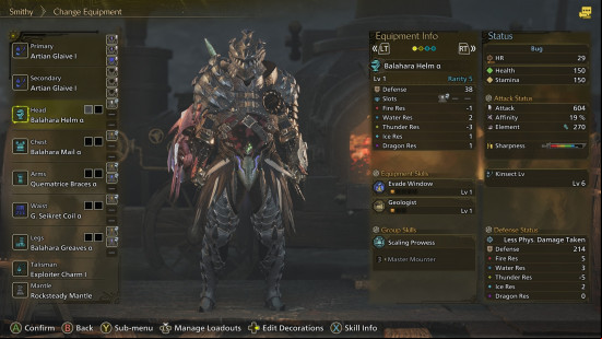 Monster Hunter Wilds Insect Glaive: a man stands in a suit of heavy metal armor.