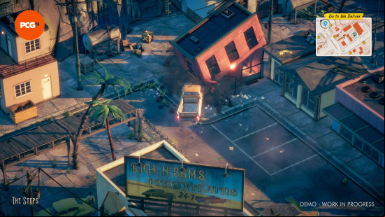 A building falls on top of the players truck after they crashed into it in Deliver at all Costs, one of the best Next Fest demos Feb 2025.