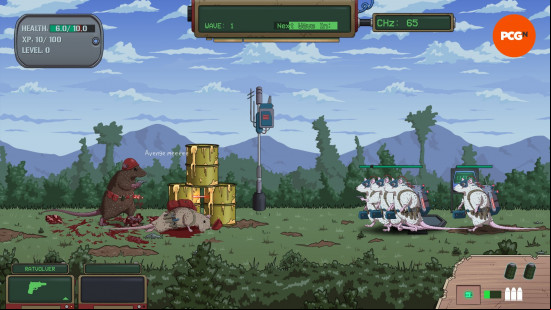 A brown rat accompanies his grey military companions as they come up against white enemy rats in side-scrolling shooter War Rats, one of the best Steam Next Fest demos Feb 2025.