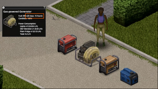 A player character stands next to a generator, as the ui shows the fuel time remaining thanks to Generator Time Remaining, one of the best Project Zomboid mods.