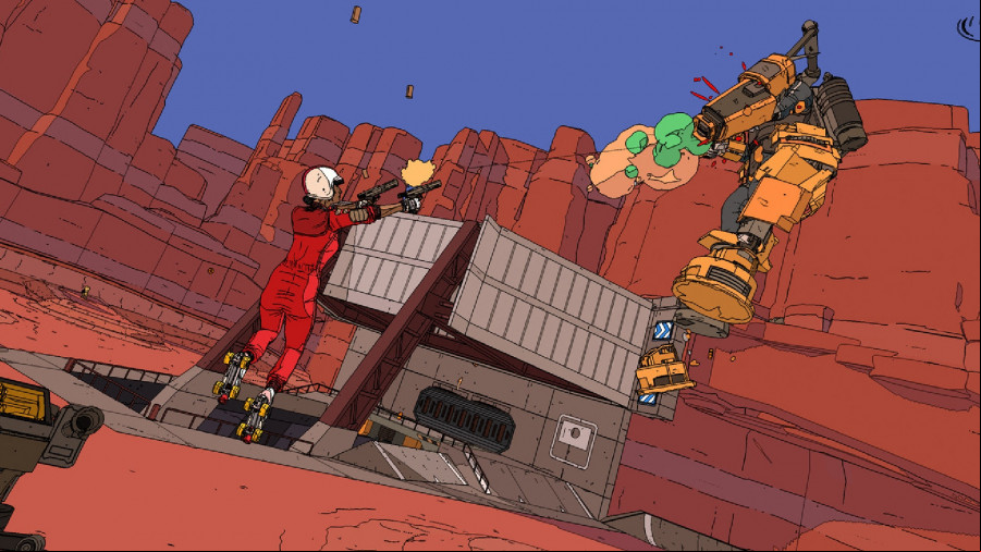 Rollerdrome: A woman in a red jump suit flying through the air shooting a robot enemy with dual pistols