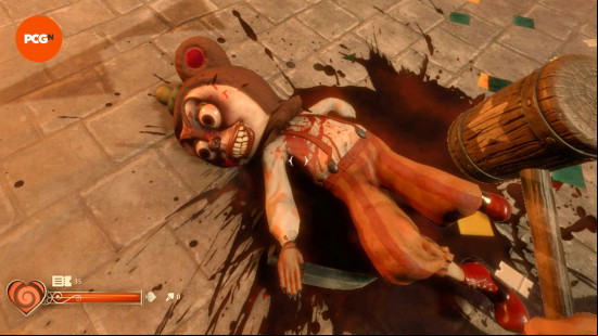 A Huggee Bear mascot lies on the floor surrounded by blood in horror game Twisted Tower, one of the best Steam Next Fest demos Feb 2025.