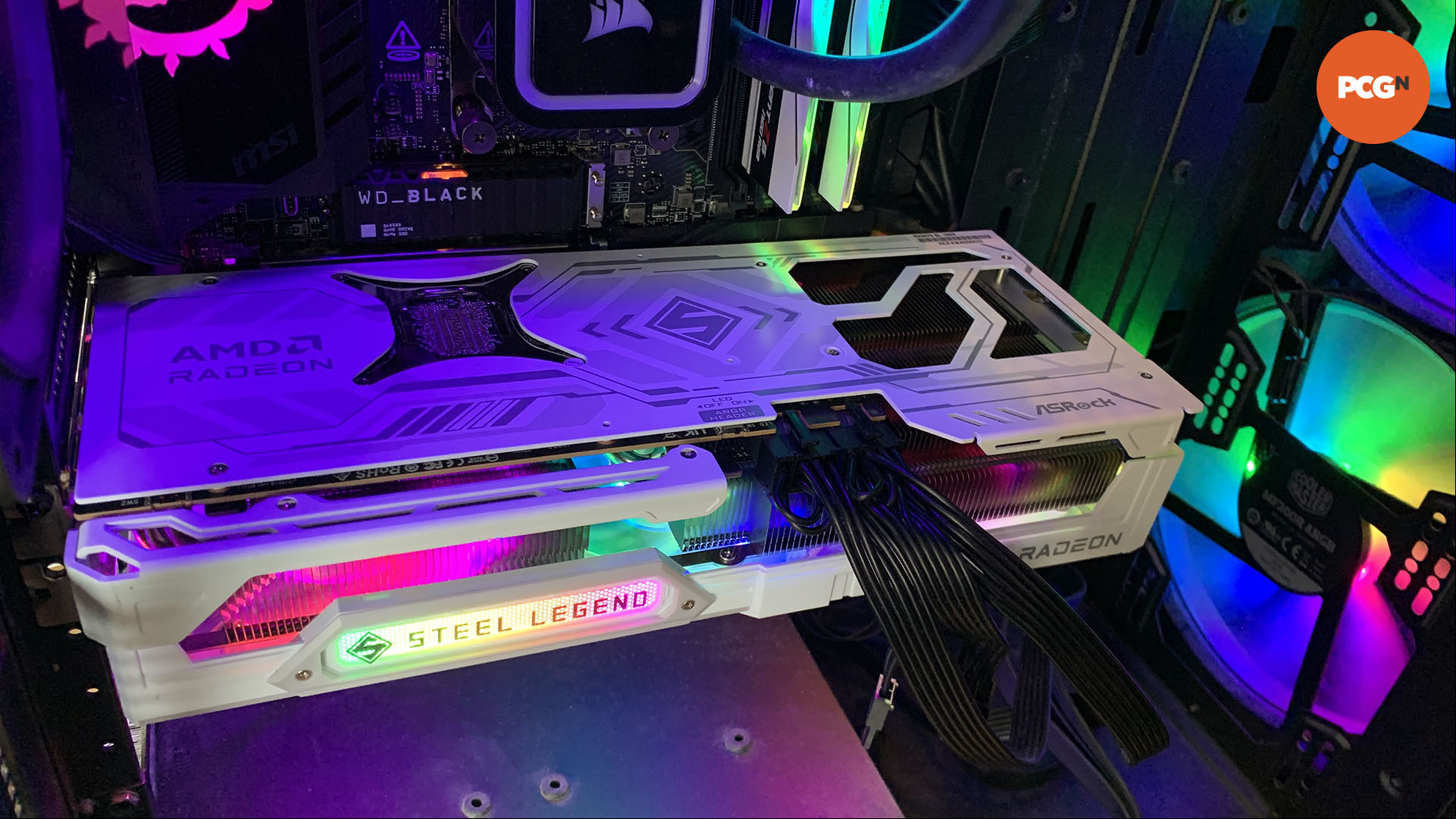 AMD Radeon RX 9070 review: ASRock Steel Legend graphics card installed in test gaming PC.