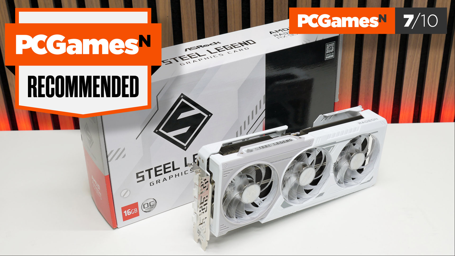 AMD Radeon RX 9070 review: White ASRock Steel Legend graphics card with review score and award.