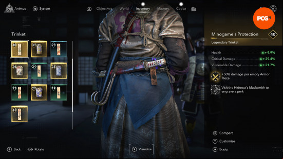 Best Assassin's Creed Shadows Amulets Trinkets: Naoe wearing a wood carving with a black dot on it