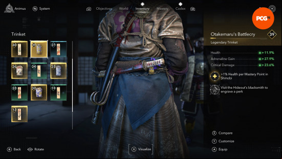 Best Assassin's Creed Shadows Amulets Trinkets: Naoe wearing a small gold and purple pouch