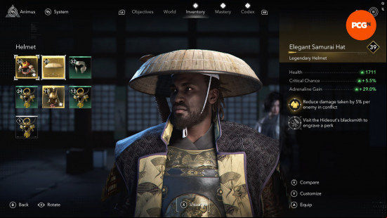 Assassin's Creed Shadows armor best: Yasuke wearing a bowl-like hat