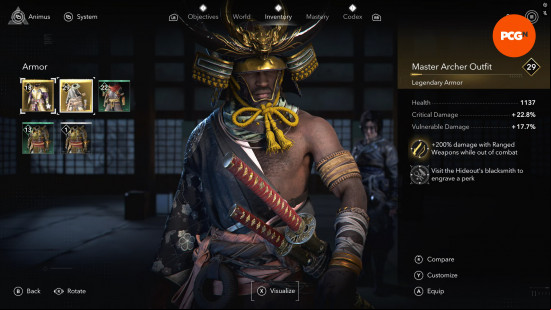 Assassin's Creed Shadows armor best: Yasuke wearing a half-tunic that showcases his musculature 