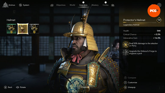 Assassin's Creed Shadows armor best: Yasuke wearing a golden helmet with two feathery prongs