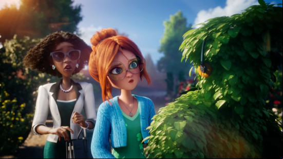 Best free PC games: Merge Gardens. Image shows two women looking at a person-shaped hedge.