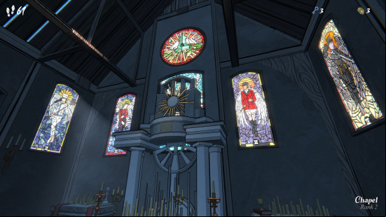 Best roguelike games: the interior of a chapel, with several stained glass windows.