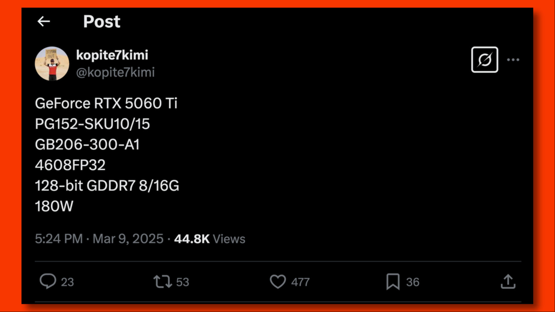 kopite7kimi RTX 5060 Ti specs rumor
