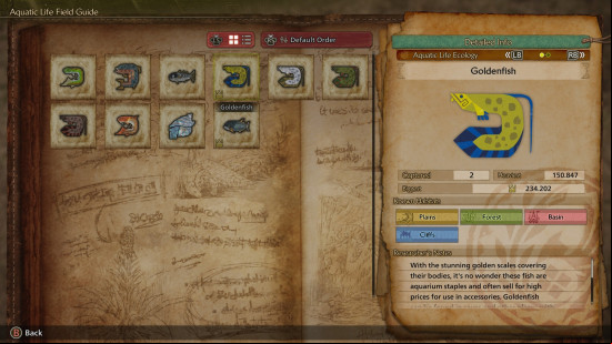 Monster Hunter Wilds Goldenfish: a page from a yellow textbook describing a fish known as the Goldenfish