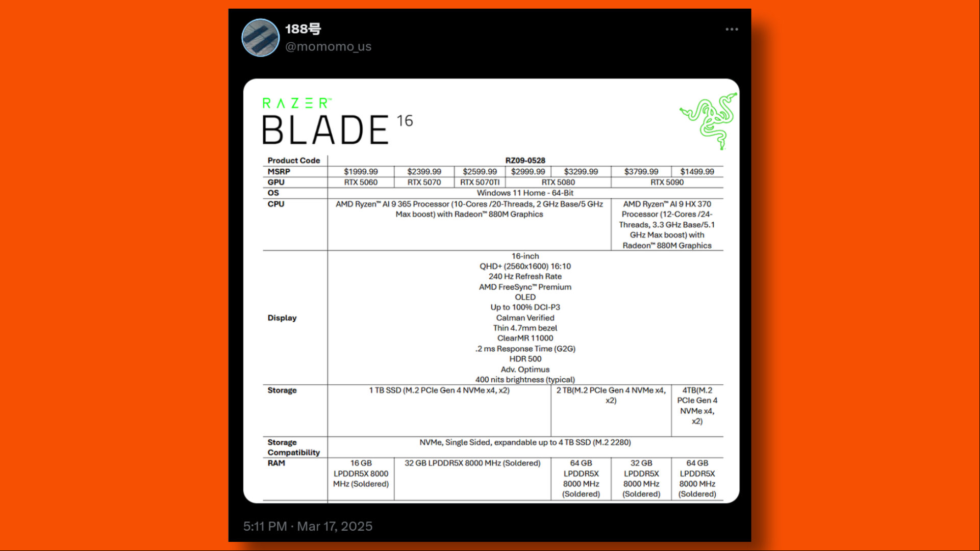 momomo_us leak on X showing Razer Blade 16 2025 leaked pricing and specs