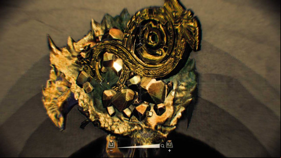A gold-covered Curioshell Crab in Monster Hunter Wilds with an old coin atop its shell.