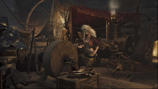 Gemma preparing to sharpen a blade in Monster Hunter Wilds.