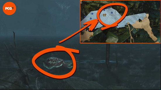 An annotated map showing the location of the Giant Squid in Monster Hunter Wilds.