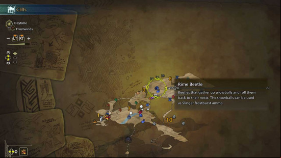 A map showing where to find the Rime Beetle in Monster Hunter Wilds.