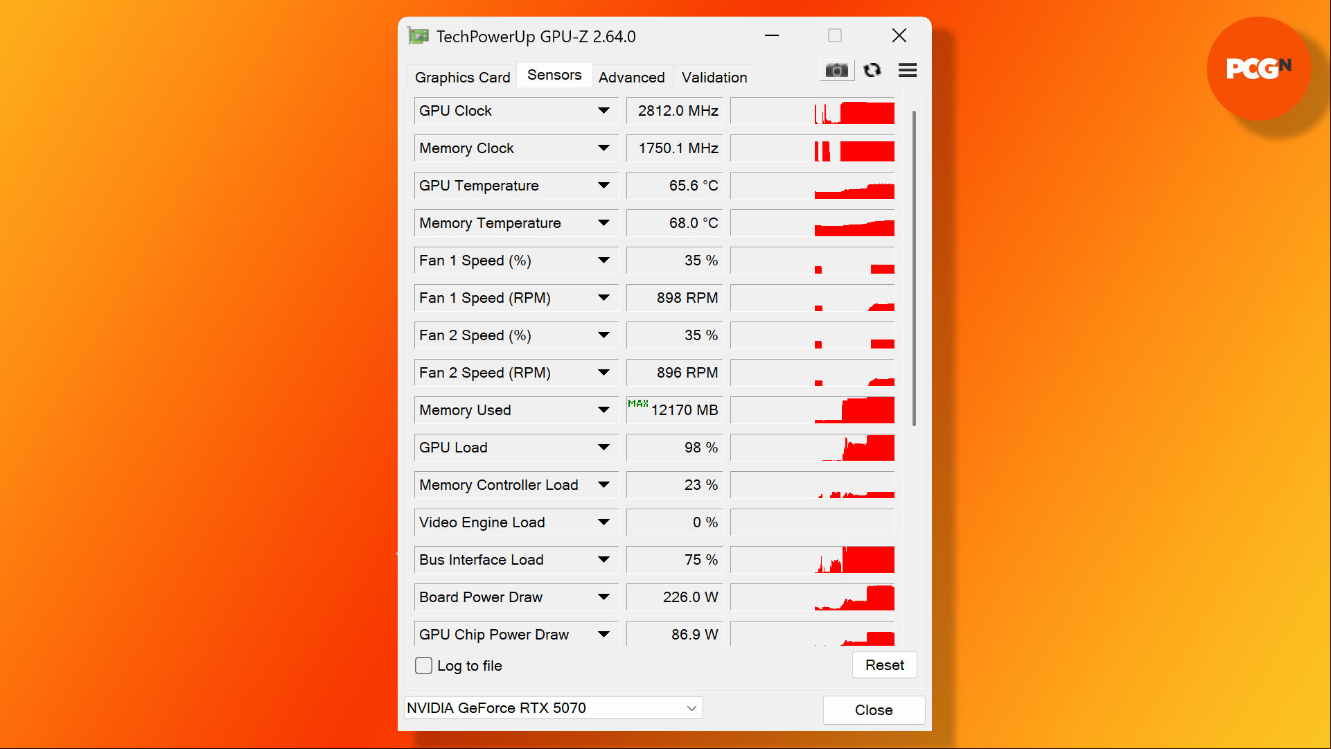 Nvidia GeForce RTX 5070 review: GPU-Z screenshot showing the VRAM maxed out while playing Indiana Jones and the Great Circle.