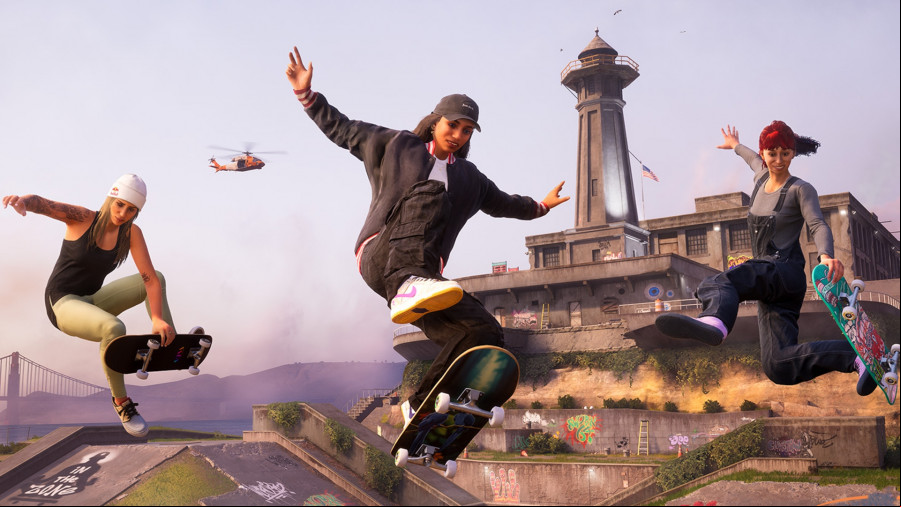 THPS 3 and 4: Three women mid-air performing skateboarding tricks