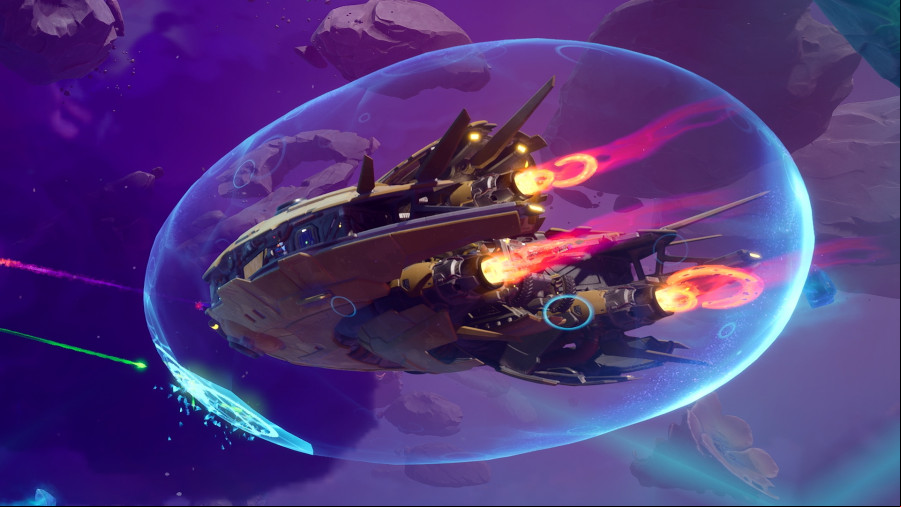 Wildgate: A spaceship surrounded in a blue forcefield firing laser weapons