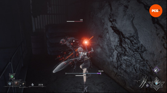 AI Limit protagonist Arrisa battles an angular, monstrous enemy.