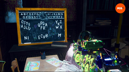 Black Ops 6 Shattered Veil main quest: a chalkboard with various letters on
