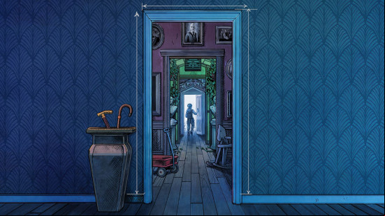 Best new PC games: a blue wall with a doorframe in the centre. A young boy is walking through another door far in the distance.