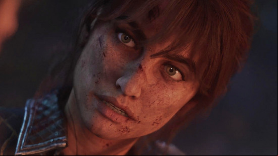 A character with a fringe covered in dust, head titled sideways.