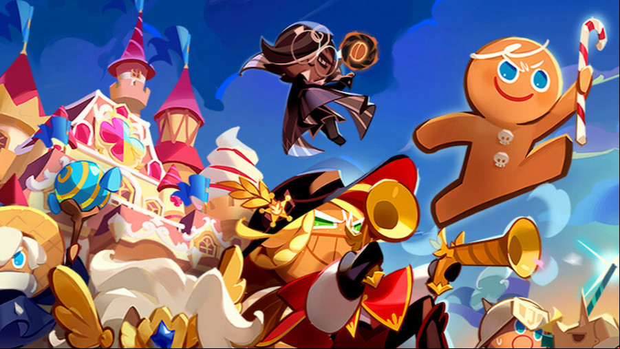 Characters from CookieRun Kingdom, including a gingerbread man, above a castle in the game.