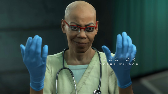 Death Stranding 2 voice actors: a bald woman wearing glasses and doctors scrubs