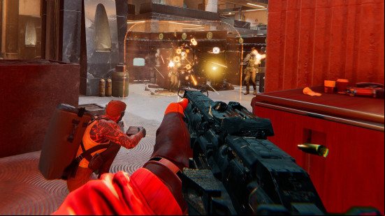 First-person perspective of a gunfight in Den of Wolves.