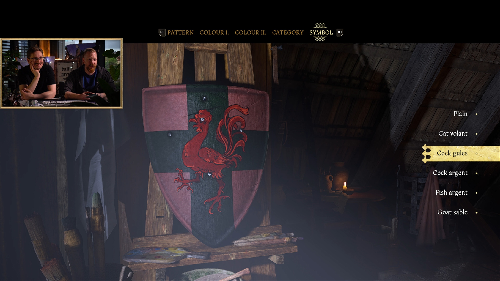 KCD2: A screenshot from a developer livestream showing a shield painting feature in Kingdom Come Deliverance 2