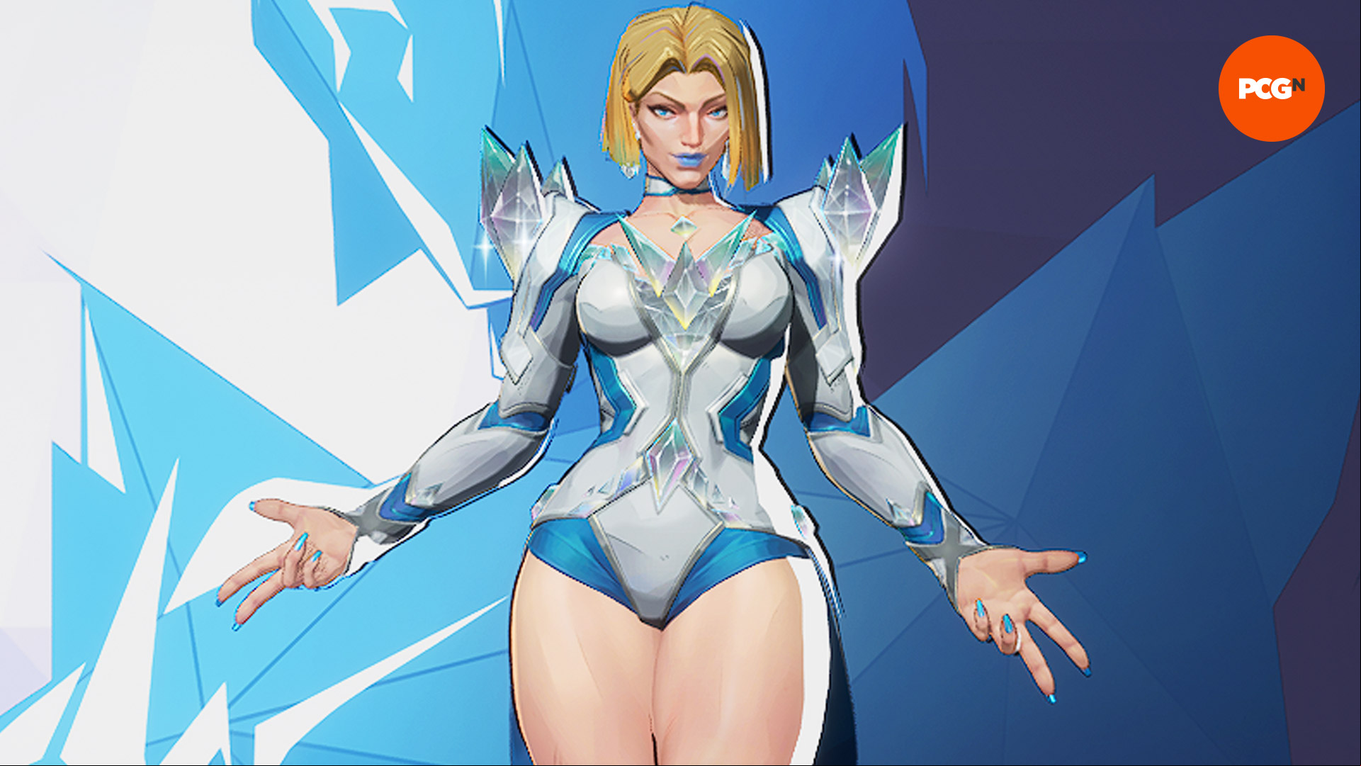 Marvel Rivals characters: Emma Frost wearing an icy silver and blue attire and blue lipstick