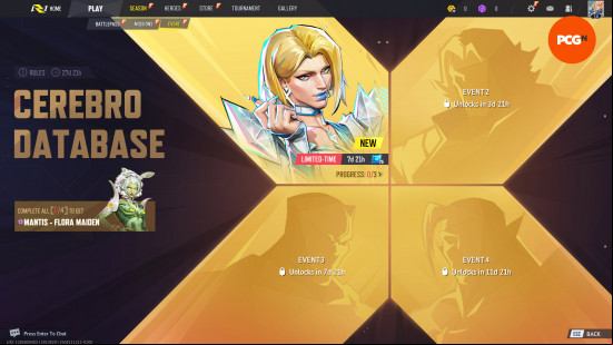 Marvel Rivals events: the Cerebro Database event UI, featuring Emma Frost
