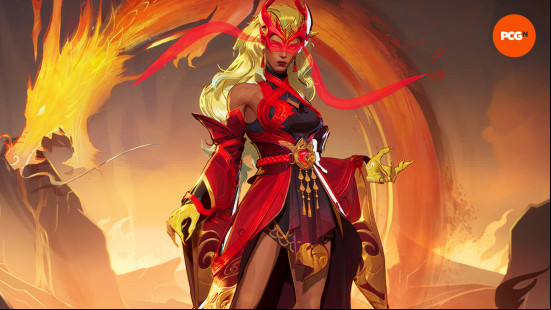 Marvel Rivals skins: Scarlet Witch with blonde hair, wearing an ornate red and gold outfit