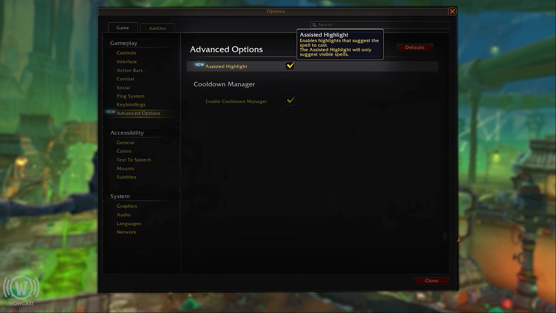 WoW: A screenshot of a WoW settings menu